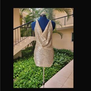 New w/tag Gold Sequin Embellished Halter Cocktail Dress